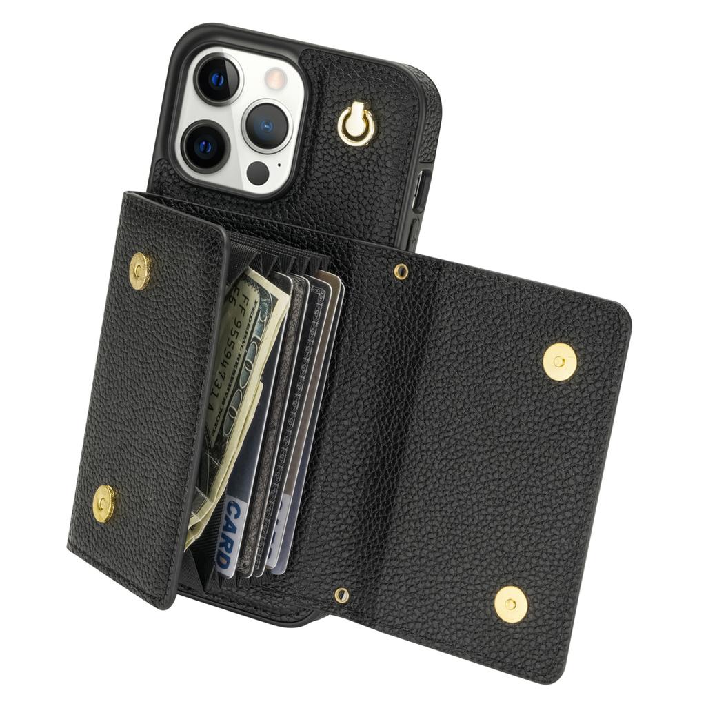 Für iPhone 16 Pro Hülle Kartenhalter Leder+TPU Handyhülle mit langem Riemen