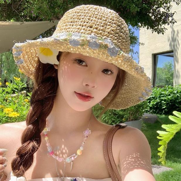 Daisy Raffia Woven Empty Top Hat Children Summer Outdoor Seaside Vacation Sunshade Sun Protection Straw Hat