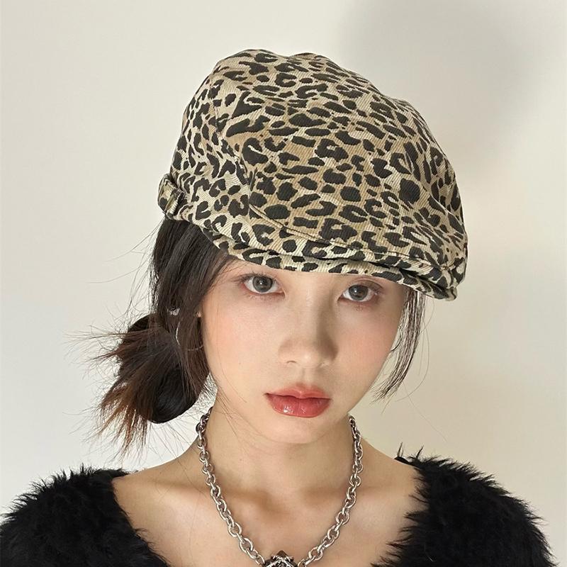 Retro Leopard Berets for Women Girl Korean Y2K Beret Cap Fashion Personality Vintage Painter Cap Casual Sunshade Forward Cap Vintage Painter Cap