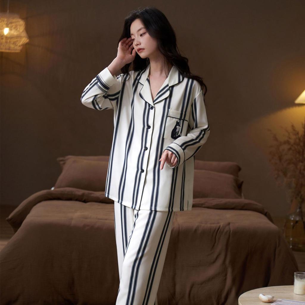 Damen Gestreiftes Eis Seiden Pyjama Set, Kurzarm Oberteil & Shorts für Drinnen oder Draußen