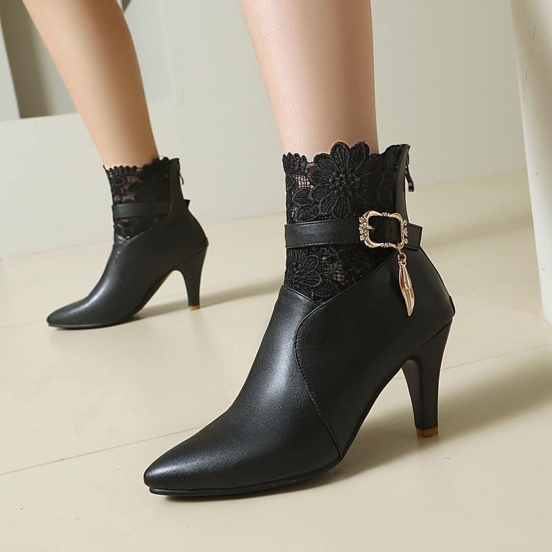 Women's Short Boots Pointed Thin Heel High Heel Lace Splicing Belt Buckle and Ankle Boots Fashion Autumn and Winter Martin Boots Short Boots