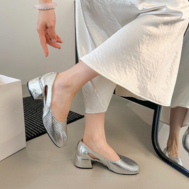 

Fashion 2025 New Summer Hollow Out Women Mary Jane Shoes Fashion Thick Heel Ladies Outdoor Casual Dress Slip on Shoes 35 серебряный