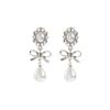 French Ballet Style Stud Earrings Women'S Silver Bow Pearl Pendant Earrings Sweet Temperament Niche Earrings