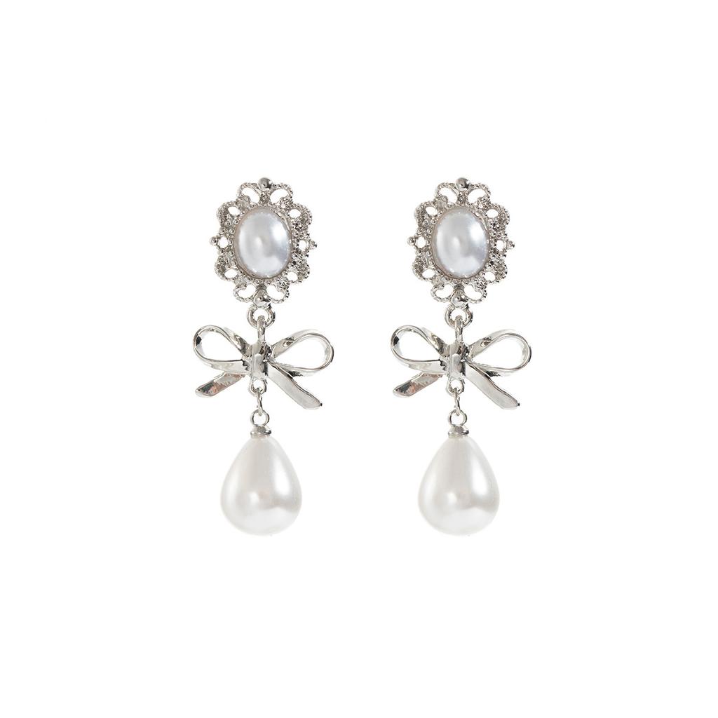 French Ballet Style Stud Earrings Women'S Silver Bow Pearl Pendant Earrings Sweet Temperament Niche Earrings