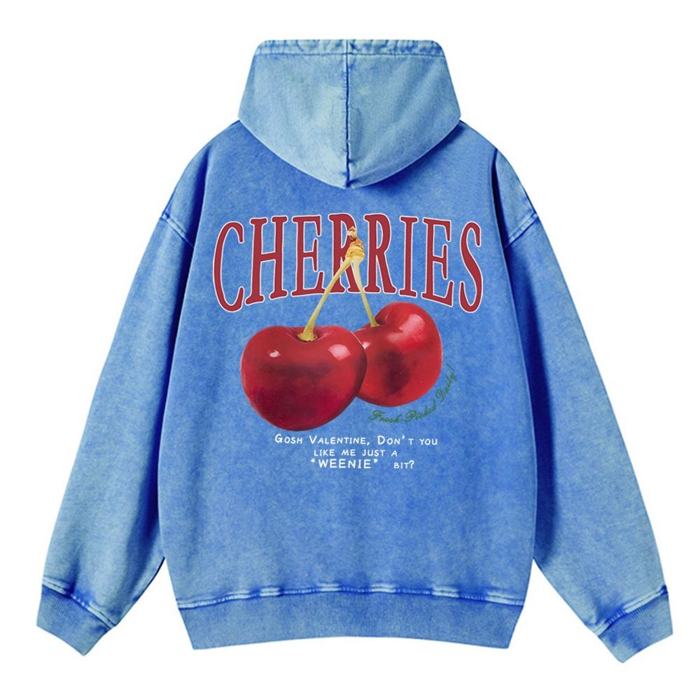 Trend Women Acid Wash Hoodies Fresh Red Cherries Prints Sweatshirts Oversize Pocket Cotton Pullovers Street Female