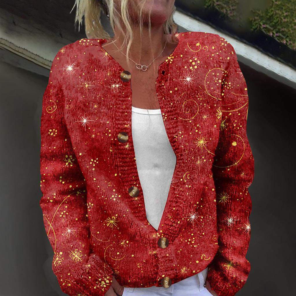 Women's Fashion Christmas Printed Long Sleeve Knitted Cardigan Button Down Jacket