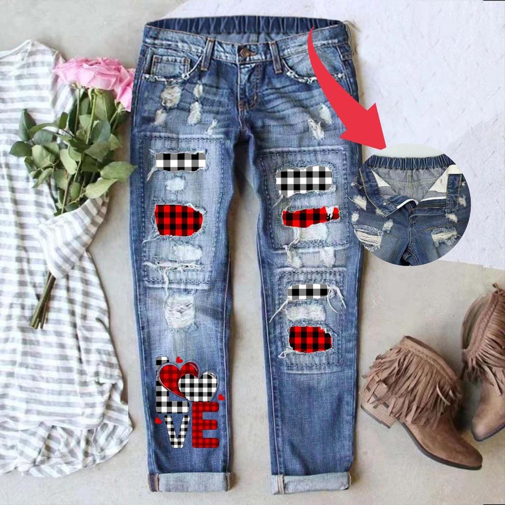 Women s Mid Rise Straight Leg Elastic Waist Distressed Buffalo Plaid Love Heart Print Long Denim Pants Casual Jeans S