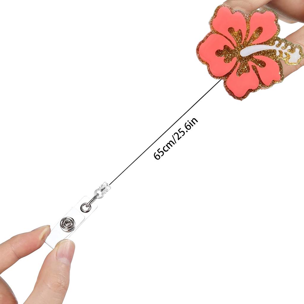 Glitter Hibiscus Badge Reel Retractable ID Holder Acrylic Alligator Clip Healthcare Worker Nurse Office Trade Show Gift Supplies