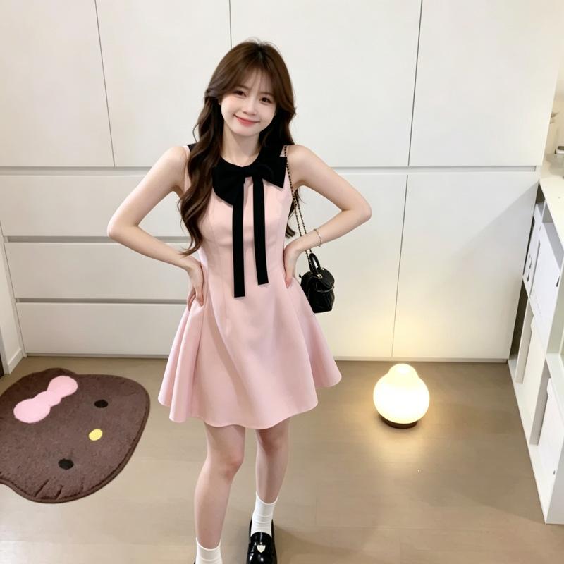 French Daughter Style Pink Dress Children's Sleeveless Neck Bow Short Skirt Princess Style Birthday Temperament Dress