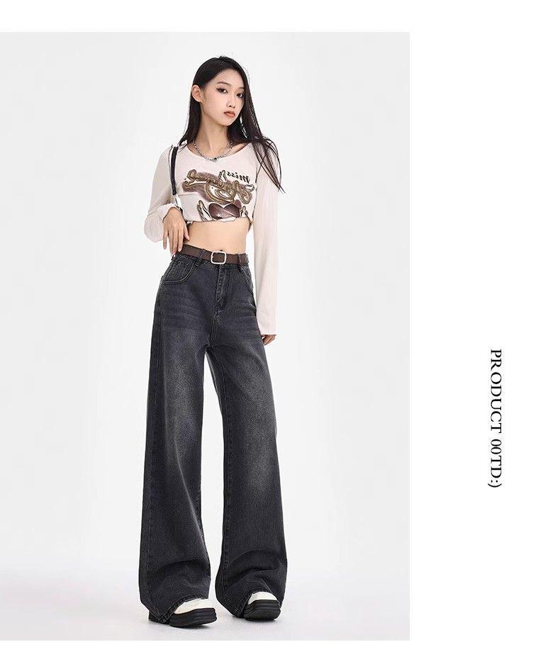 Women's High-Waisted Black-Gray Straight-Leg Jeans - Loose Slimming Wide-Leg Pants for Spring & Autumn 2025