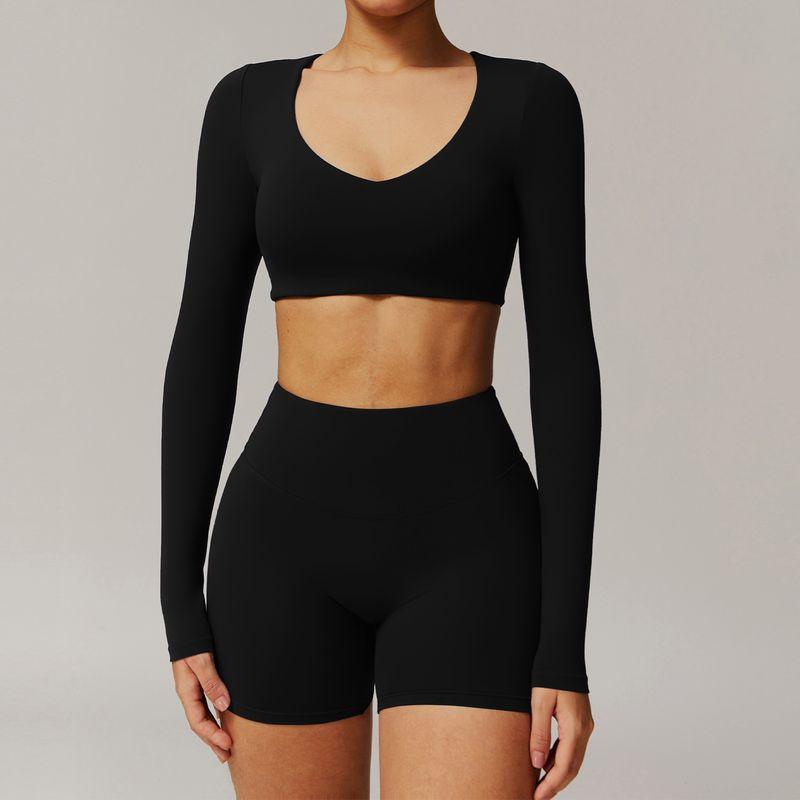 

Fashion Minimalist Yoga Clothes Long Sleeves Short Pure Color Nylon Ammonia Nude Feel Fabric Plaid with Chest Pad Sports Tops Midriff Outfit Advanced Black(With chest pad) L