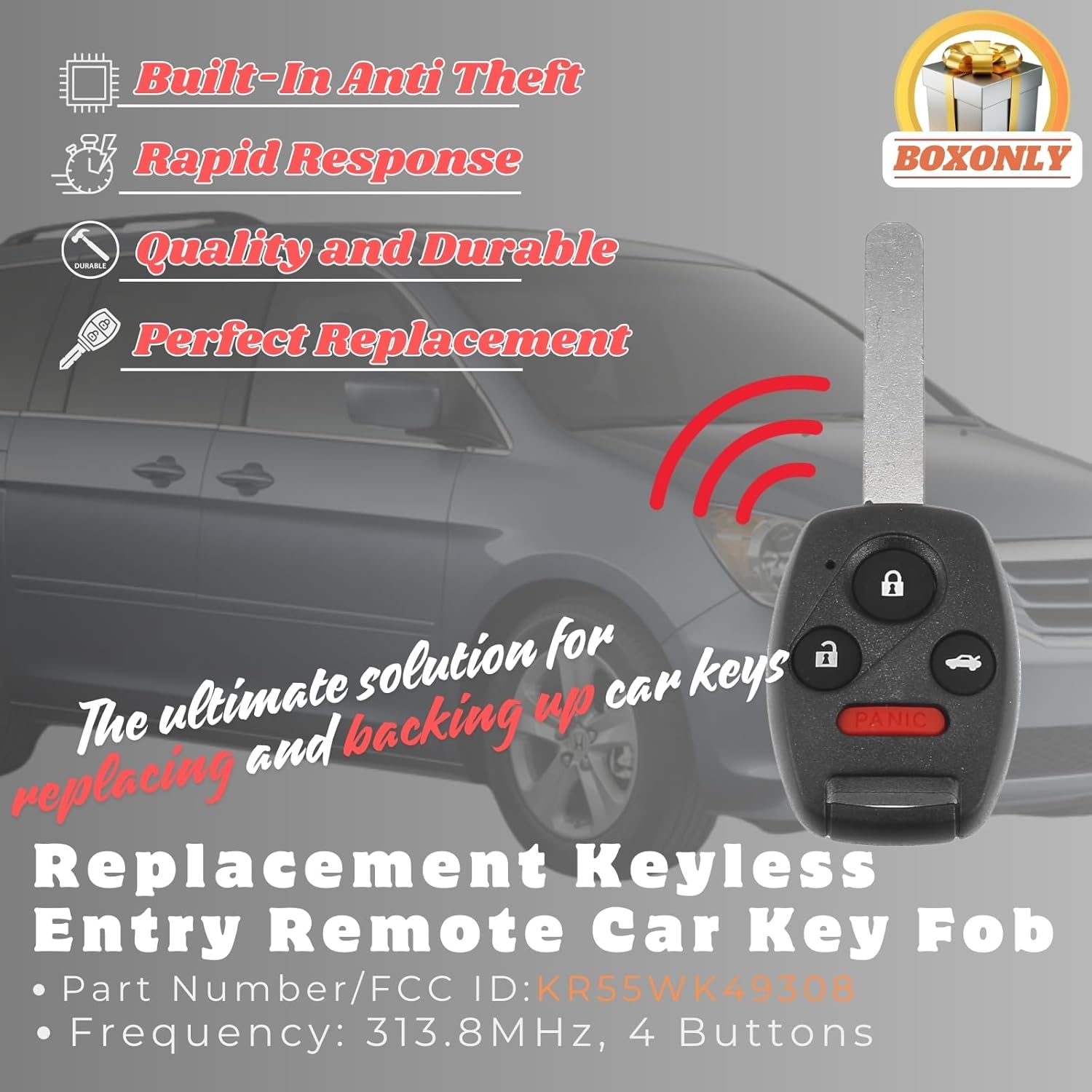 Replacement Keyless Entry Remote Car Key Fob 313.8MHz FCC ID:KR55WK49308 Compatible with Honda Accord 4-Door Sedan (2008-2012) – 4-Button with Door