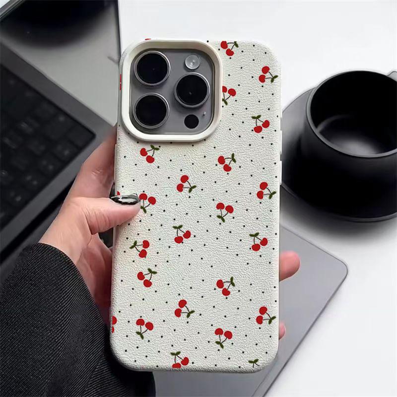 

Мягкий матовый чехол с принтом маленькой вишни для iPhone 16 Pro Max 15 Pro 14 13 12 11, ударопрочный, с текстурой кожи TPU, тонкий чехол для телефона iPhone 12 серый
