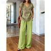 1116 Summer Vintage Print Set Elegant V-Neck Cut, Loose Wide Leg Pants Atmosphere Vacation Two-piece Set Women
