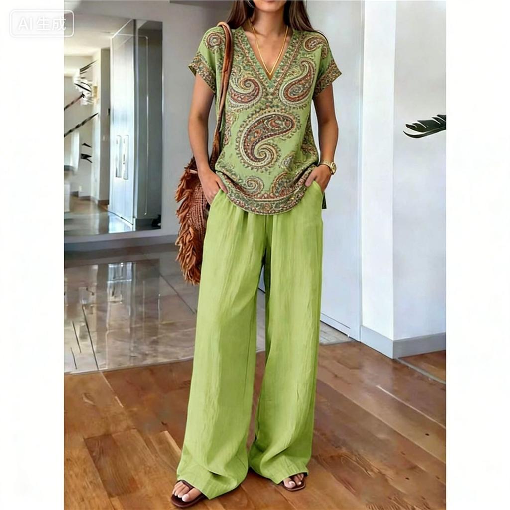 1116 Summer Vintage Print Set Elegant V-Neck Cut, Loose Wide Leg Pants Atmosphere Vacation Two-piece Set Women