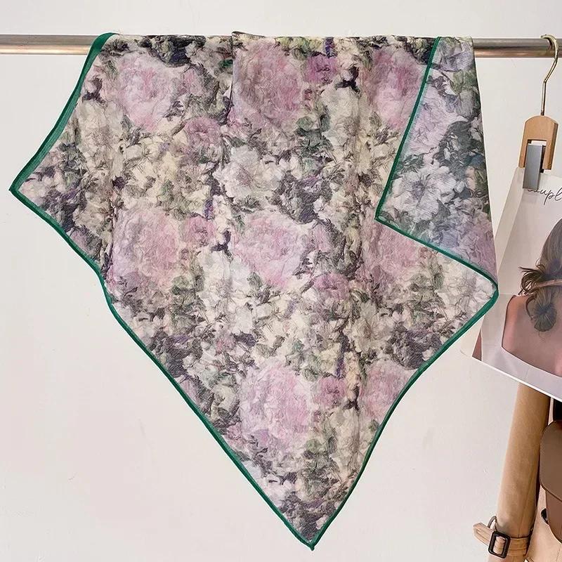 2024 Luxury Animals Floral Print 70cm Cotton Velvet Square Scarf for Women Soft Neckerchief Lady Hijab Neck Tie Hair Headbands