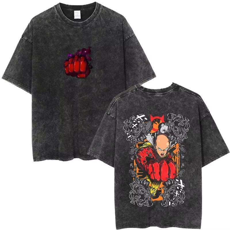 Gewaschenes Vintage Anime One Punch Man Saitama Saitamas Fitnessstudio Lustiges Meme Grafik T-Shirt Herren Damen Fitness Freizeit Übergroße T-Shirts