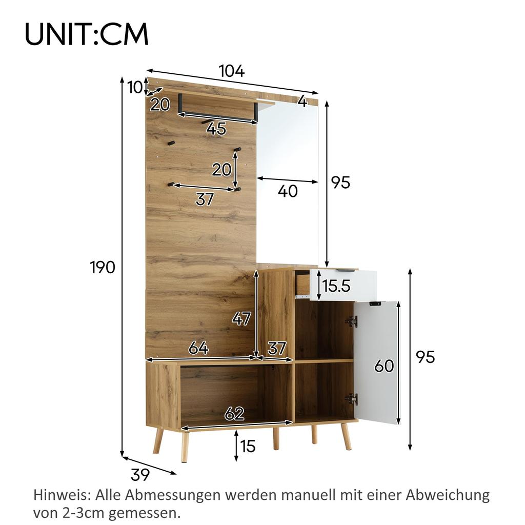 Set 190cm, Garderoben-Set Spiegel, Stylishe Schuhbank, Schuhschrank, Schublade, Regal, Kleiderhaken, Wandgarderobe Holzfarbe & Weiß