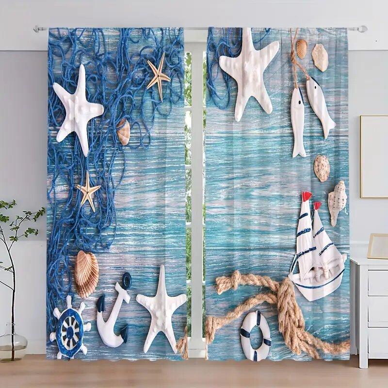 Starfish Fishing Boat Background Pattern Printed Curtains, Window Decorations, Home Decorations, Room Decorations