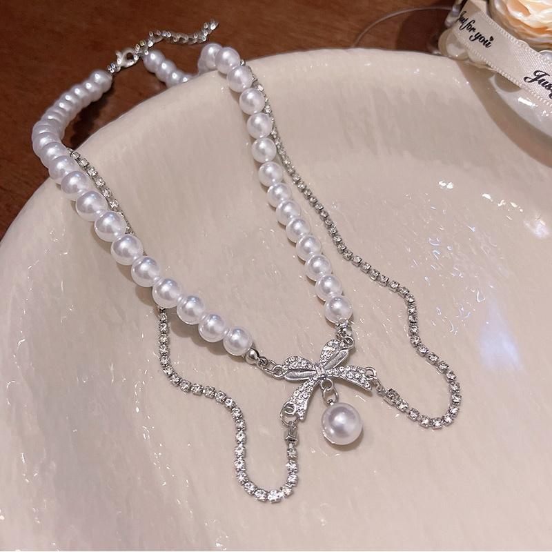 Pearl Bow Pendant Chain Necklaces Y2K Zircon Beads Tassel Necklace Aesthetic Light Luxury Double Clavicle Choker Zircon Gift