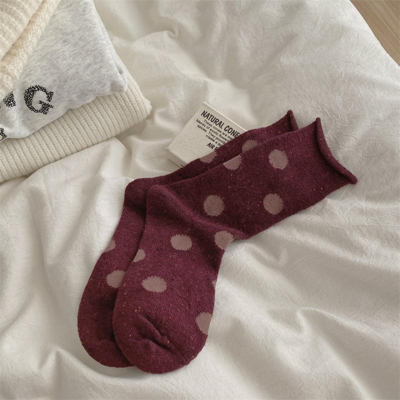 Chaussettes épaisses à pois en laine d'automne et d'hiver, chaussettes chaudes rétro à gros pois, chaussettes mi-mollet pour femmes