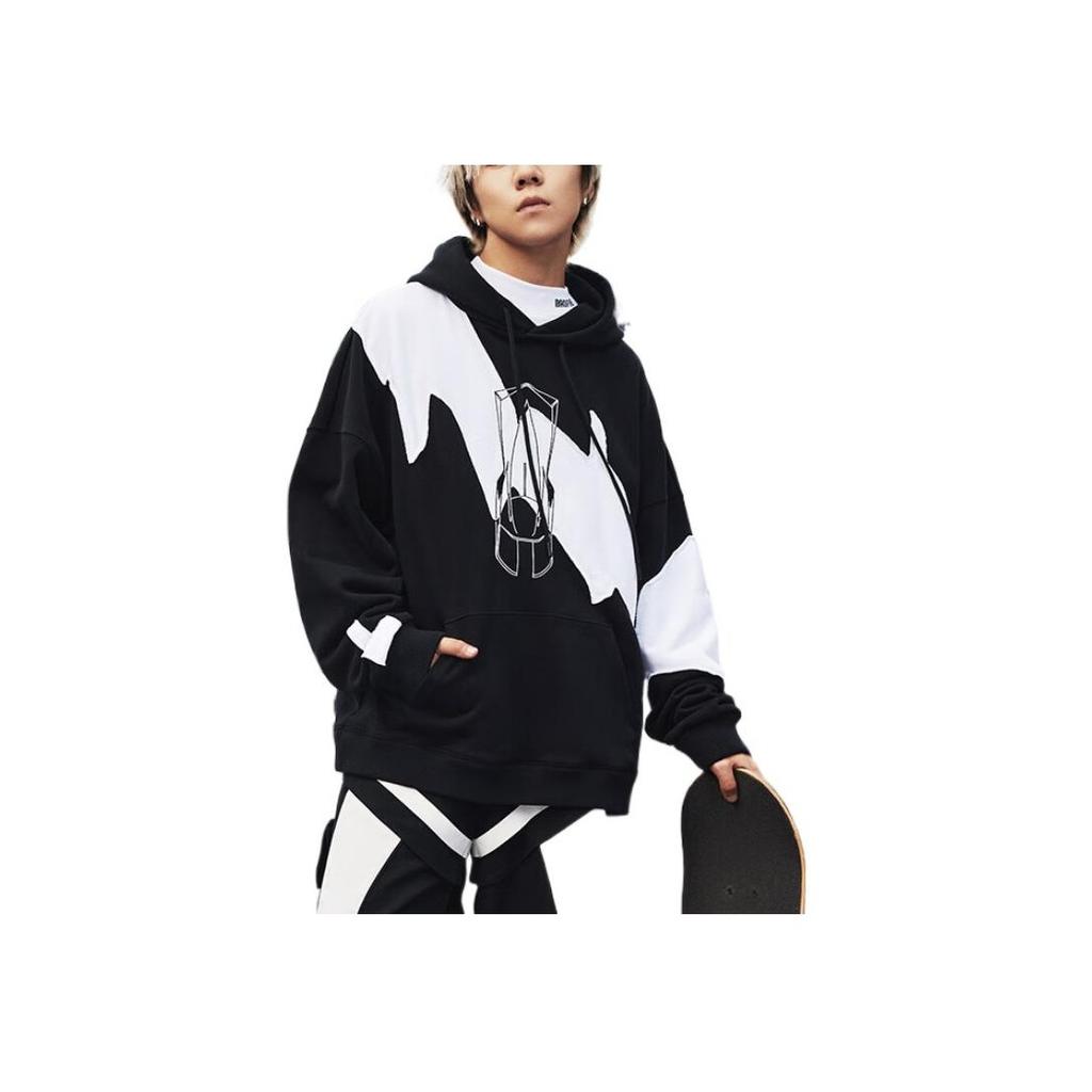 Li Ning CF Series Barevný blok Design Logo značky Tištěná mikina Unisex mikina Černá AWDSH67-1