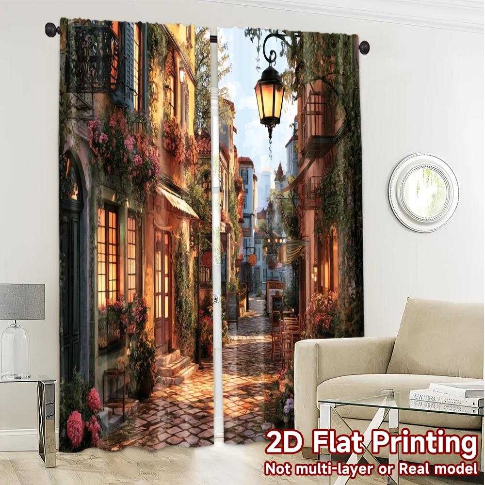2pcs, 2D FLAT PRINTING Curtains (Without Rod) Cozy Street Fashionable Modern Curtains Yarn Curtains Holiday Ldeal for digital