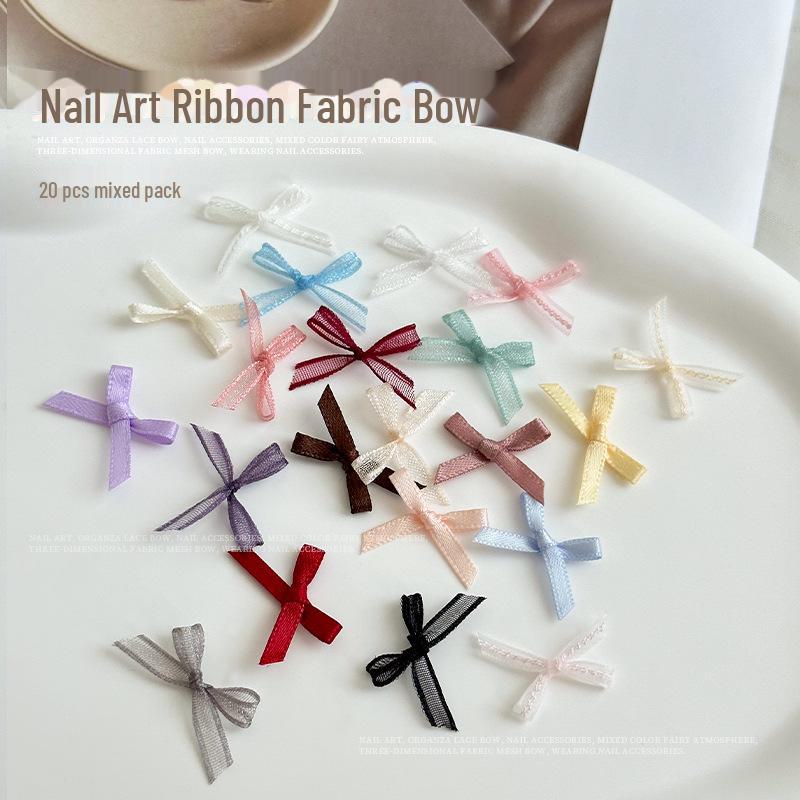 Silk Organza Bow Nail Accessories with Lace Ribbon and Diamond Embellishments