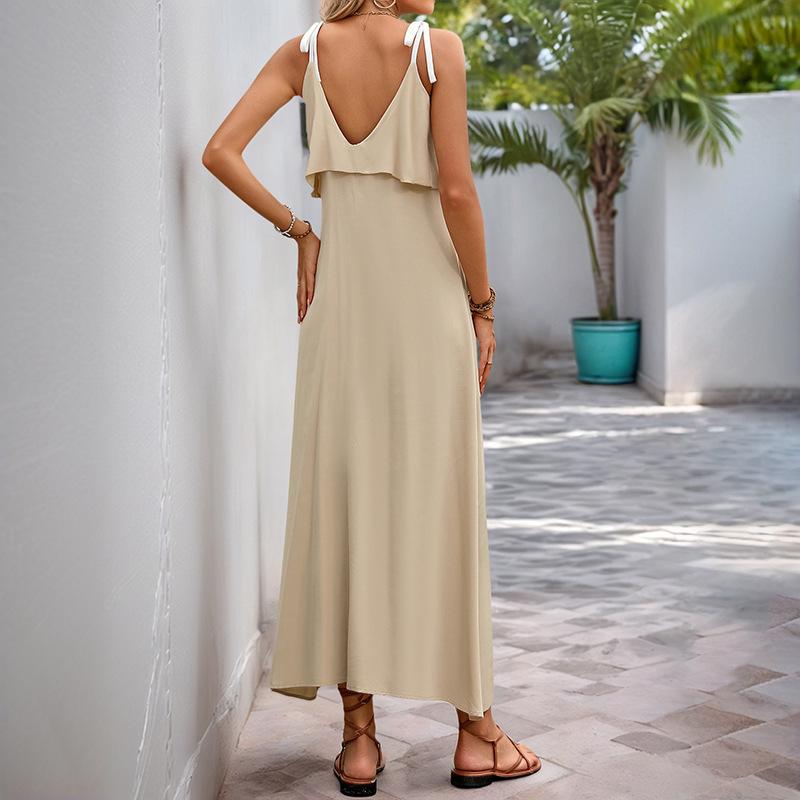 New casual seaside vacation ruffle leaf edge suspender solid color dress