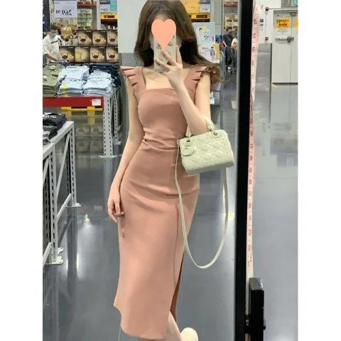 French Pure Desire Wind Feifei Sleeves Split Square Neck Dress Women's Summer Slim Skinny Hips Long Skirt Small Man