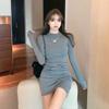 High-end gray sexy long-sleeved dress women's autumn new pleated high-waisted thin versatile hip-wrapped short skirt