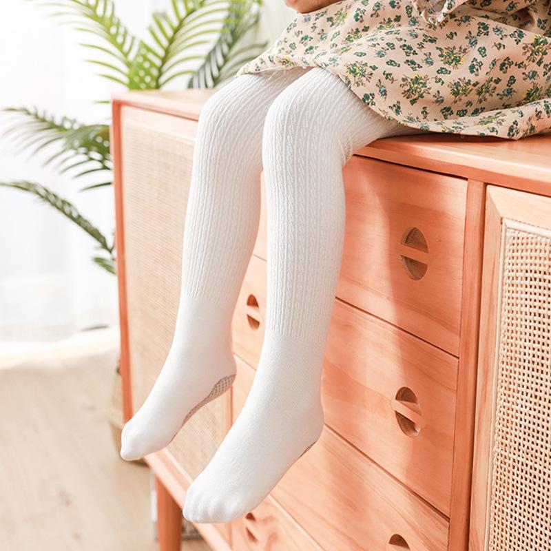 Barns Högelastiska Bomullsstrumpbyxor - Anti-Nopp 8-Trådig Dansstrumpor, Vita