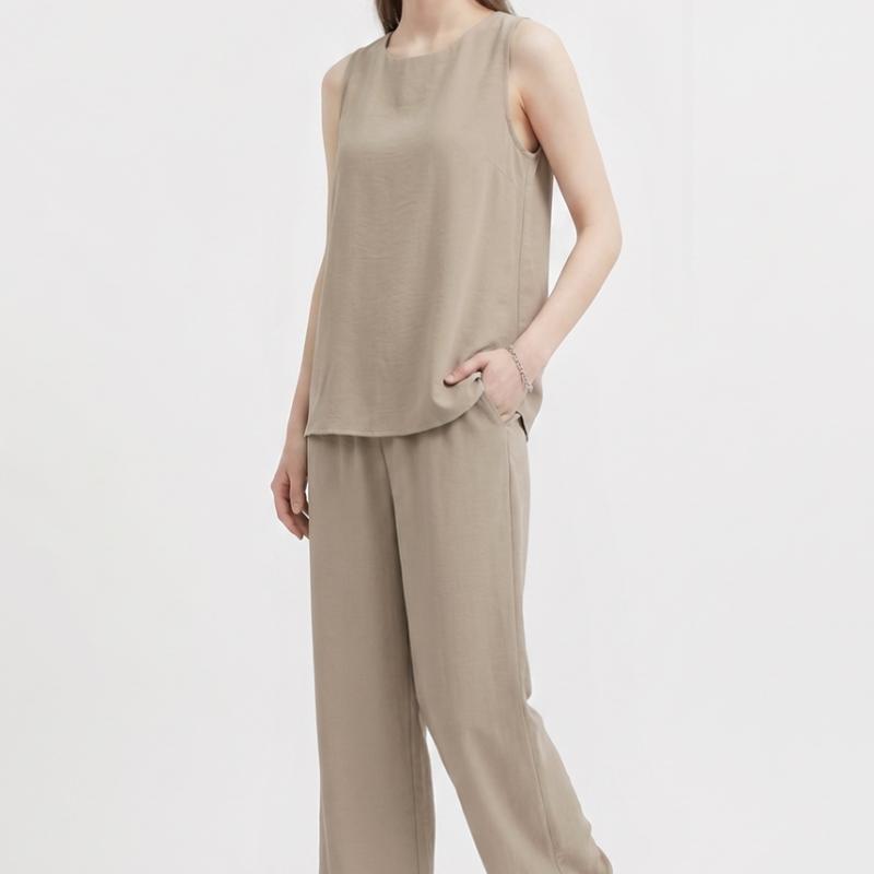 Shop   Women Summer Vacation Sleeveless Top Wide Pants Set Beige Lov wSet 21288