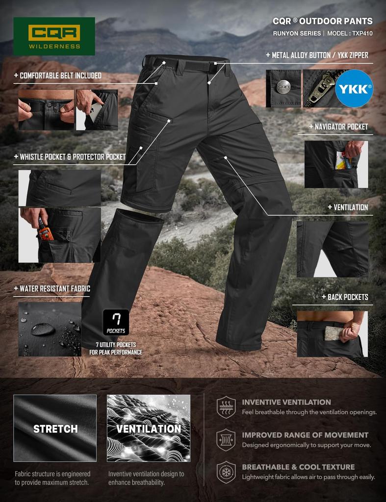 CQR Cargo Pants with Long Short Cool Elastic Multiple Perfect for Outdoor and Summer Use Men's Belt, 2-Way, & Pants, Sweat-Wicking, Quick-Drying,