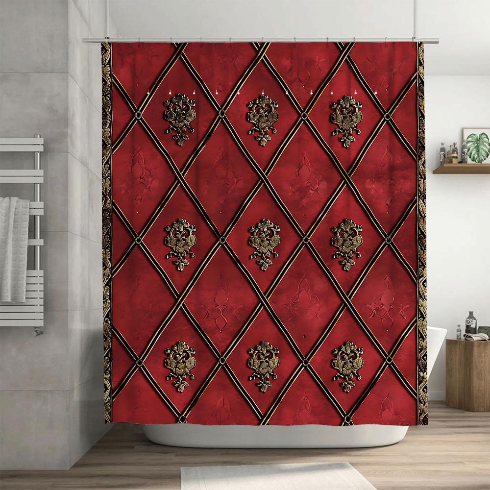 Luxury Bath Curtain with Vintage Metal Embossing Red Waterproof Shower Curtain for Home Decor (180x180cm)