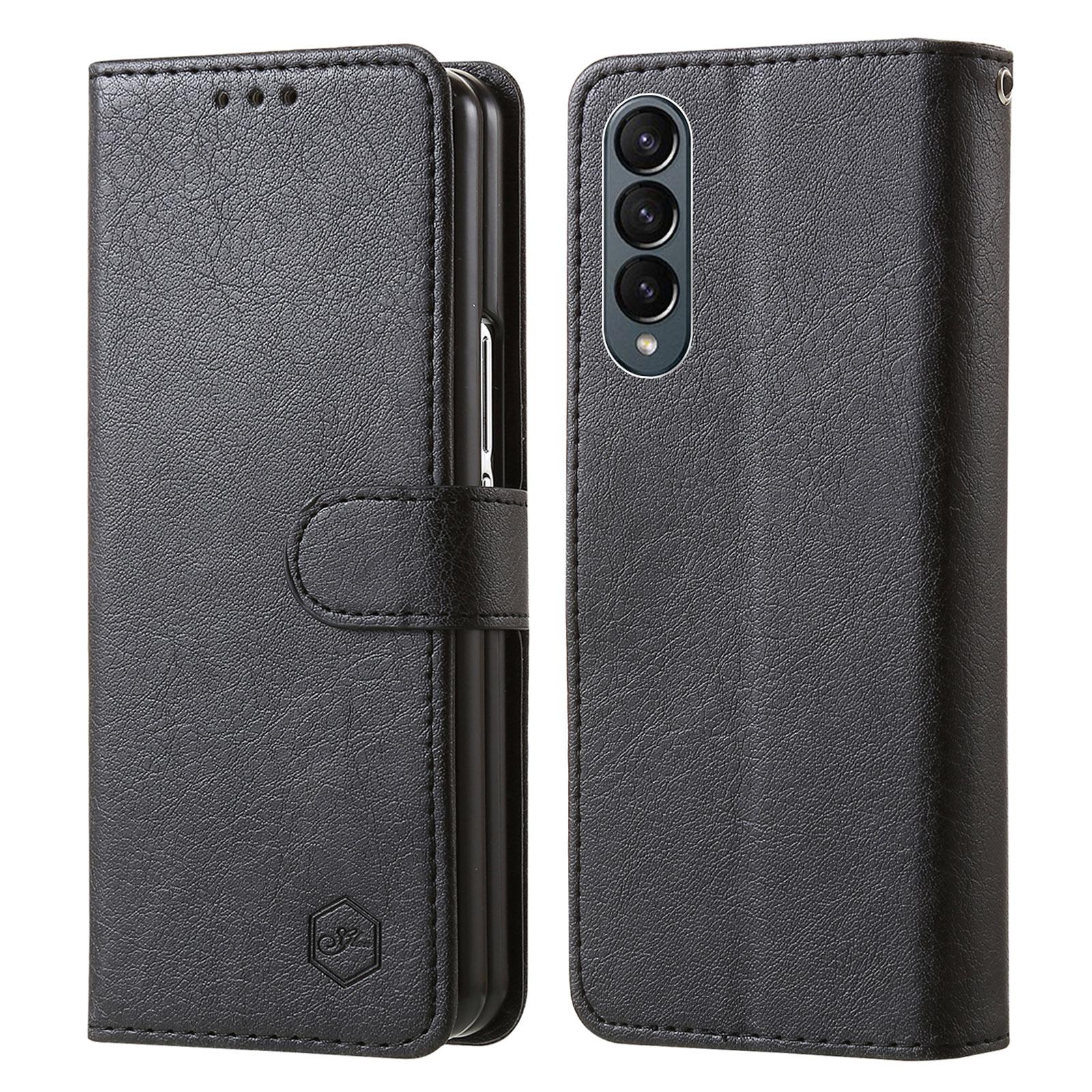 

For Samsung Galaxy Z Fold4 5G Case PU Leather Shockproof Case Solid Color Wallet Phone Cover Black