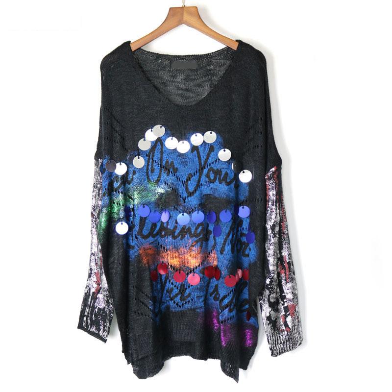 Xitao Dünne Aushöhlen Brief Pailletten Pullover Frauen Kleidung Mode Vintage Lose Unregelmäßige V-ausschnitt Volle Hülse Neue WQR1962