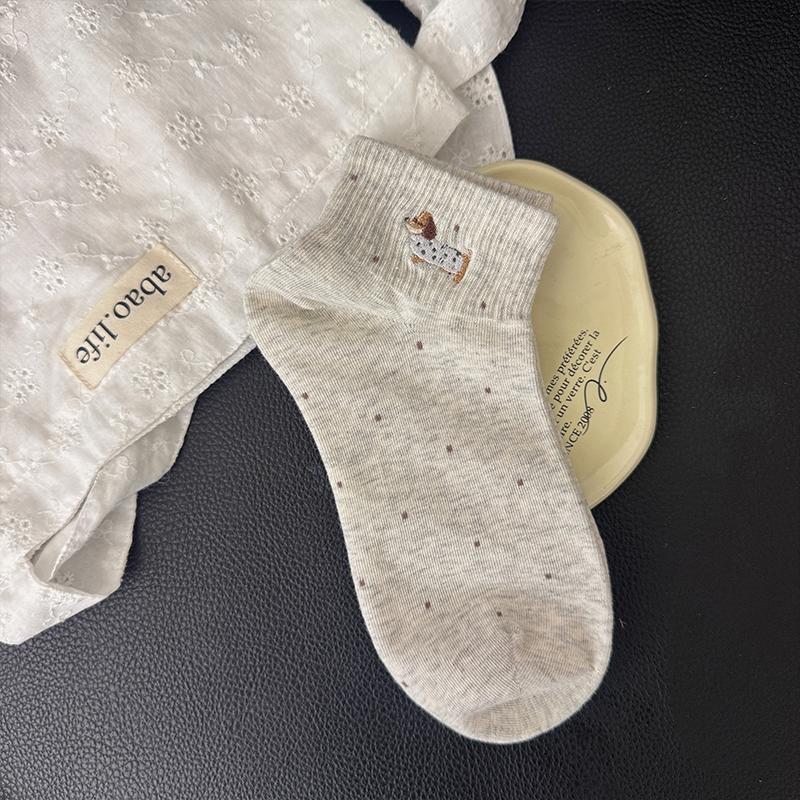 

Dachshund Embroidered Socks for Children s Short Socks, Summer Lightweight Style with Polka Dots, Pure Cotton Cartoon Mid-length Socks 1 pair