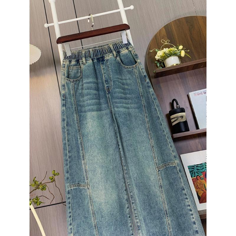 DIMANAF 2025 Plus Size Autumn Blue Basic Elastic Jeans New Pants Women Loose Denim Wide-leg pants Big Casual Pants 6XL