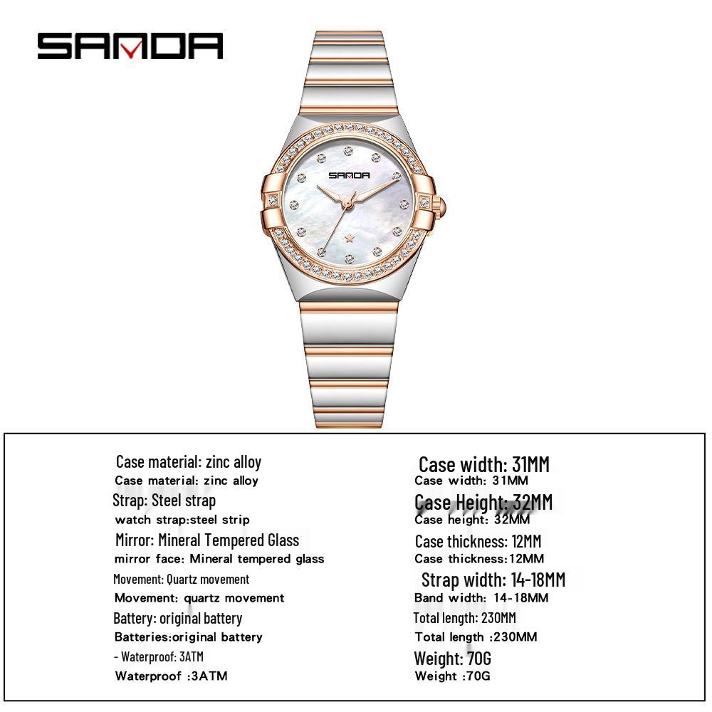 SANDA Dames Luminous Kwarts Horloge: Stalen Band, Bez Diamonds, Waterdicht, met Sunray Parelmoer Wijzerplaat.