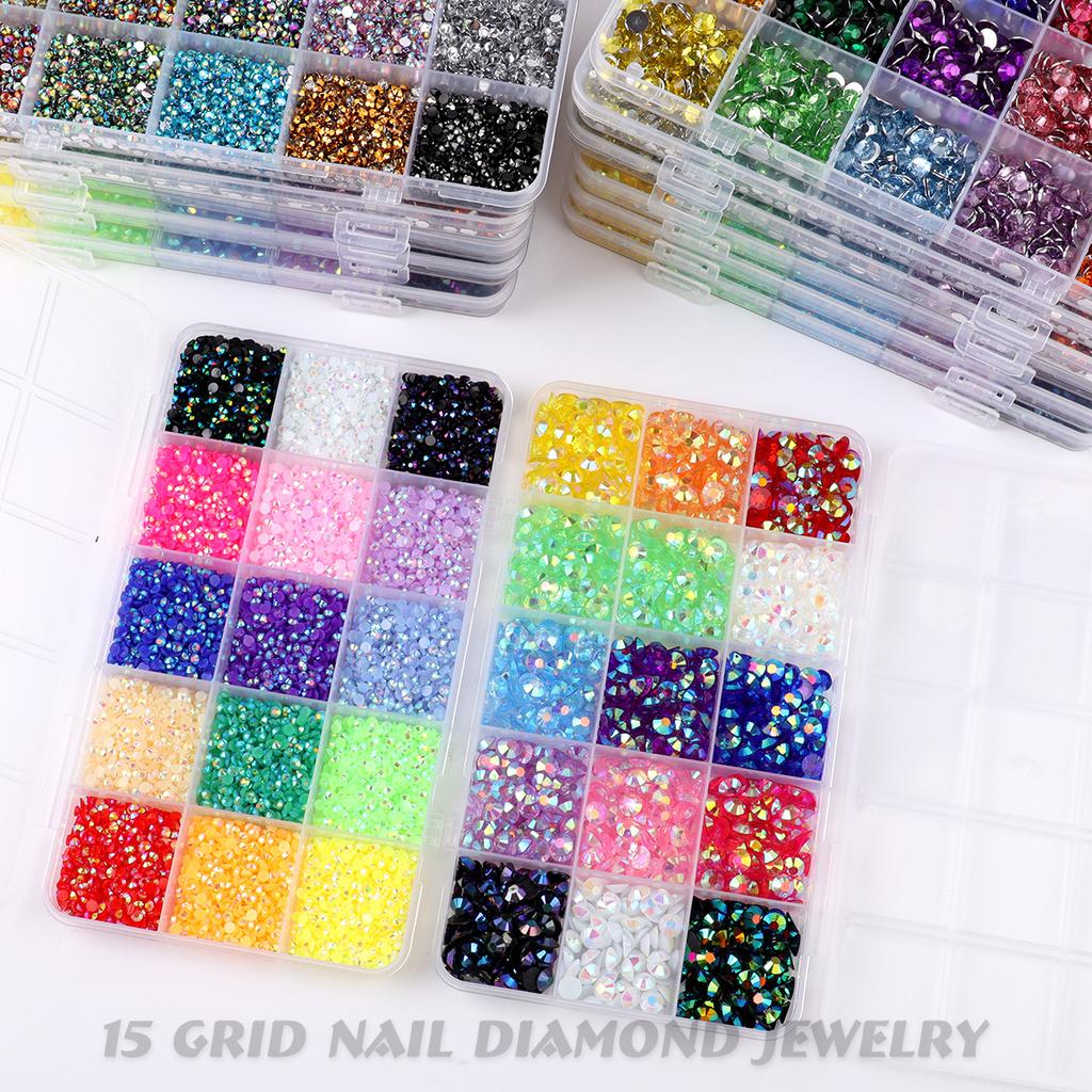 15-Kleur Hars Platte Bodem Boor, Kleur Ab Boor, Gemengde Kleur Acryl Boor, Handgemaakte Diy Sticker Boor, Grote Transparante Diamant Sieraden Set.