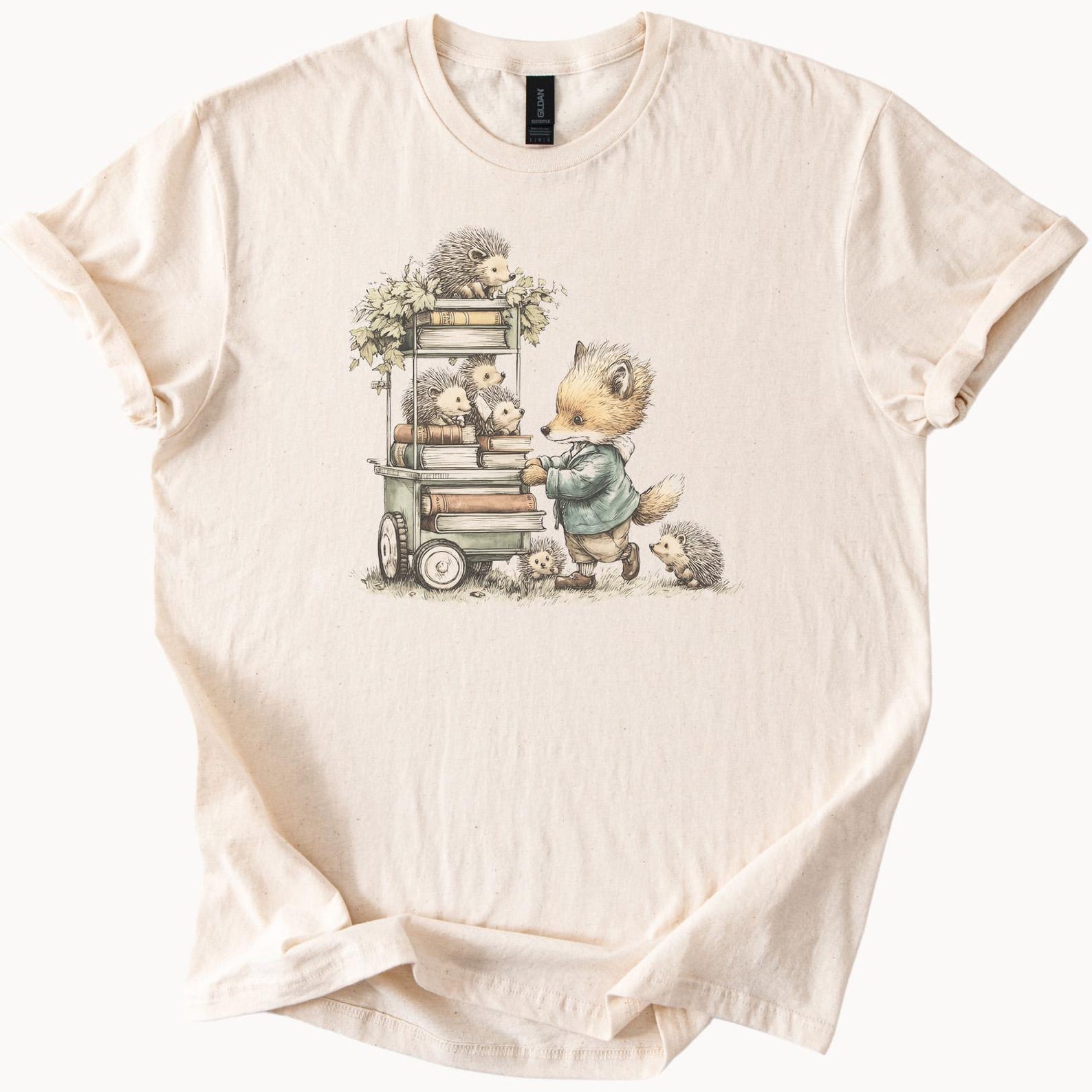 Cute Fox Pushing Book Cart with Hedgehogs Reading Animal Friends Graphic Shirt Book Lover Gift Whimsical Woodland T Shirt 110