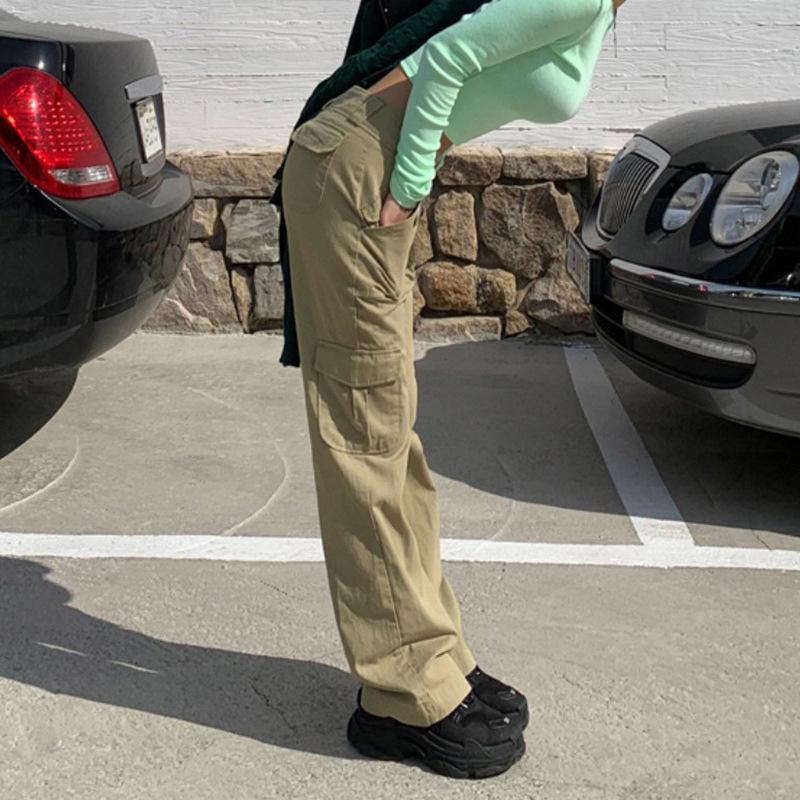 Multi Tasche Neue Einfarbig Cargo Hosen Damen Niedrige Taille Lose High Street 2022 Retro Mode Gerade Denim Hosen Heißer verkauf