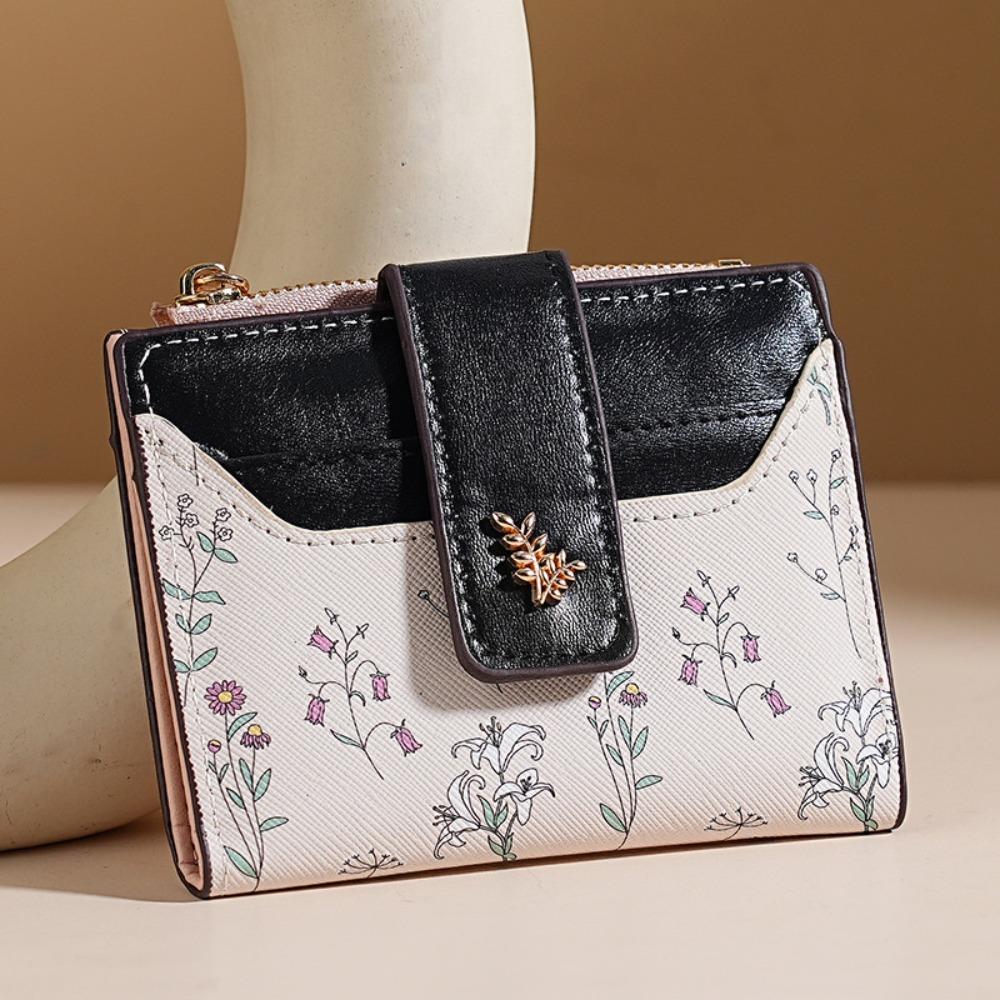 Slim PU Leather Short Wallet INS Multi-Cards Zipper Coin Purse Hasp Small Flowers Card Bag Wallet Zipper Hasp For Women Girl