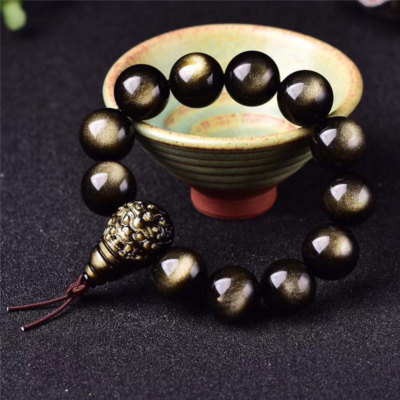 Factory Supply Natural Mexican Black Obsidian and Gold Obsidian Pixiu Fortune Pig Bracelet, Pichu Buddha Bead Crystal Bracelet