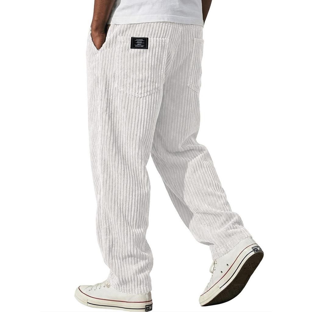 Men's Relaxed Fit Straight Leg Casual Pants with Vertical Stripe Pattern Back Patch Two Rear Pockets Elastic Waistband Durable Fabric Trousers