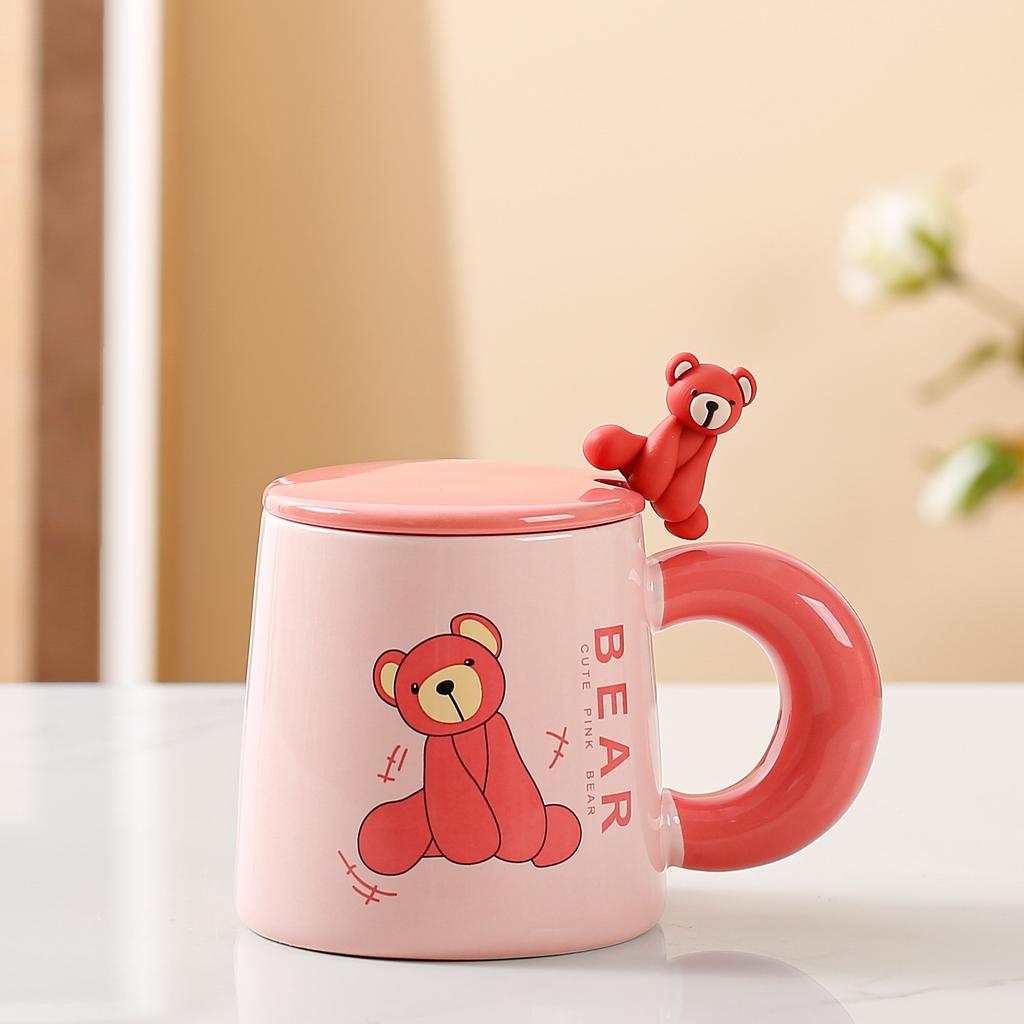 Cute Cartoon Ceramic Cup Pink Bear Mug with Lid Spoon High Looking Girl Drinking Water Cup Office Coffee Cup