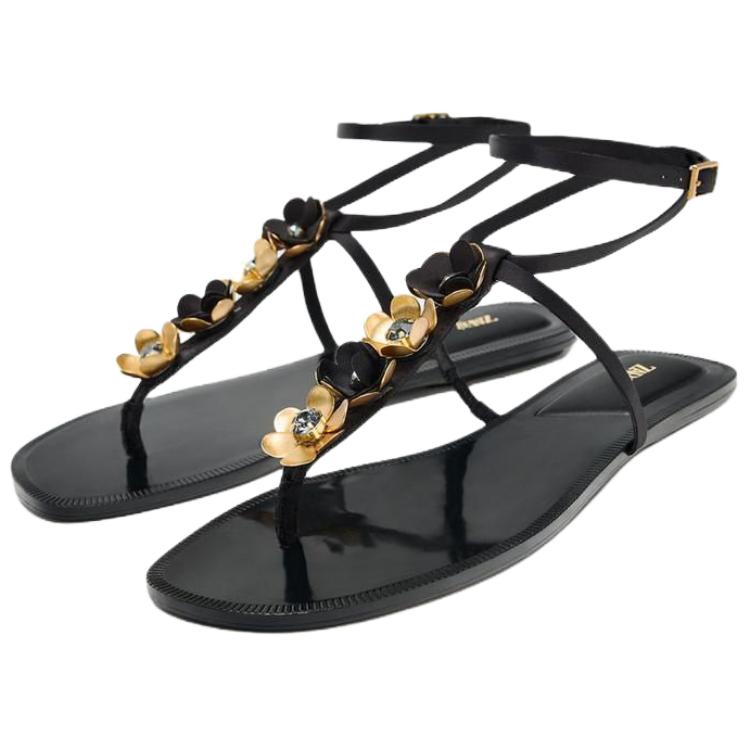 Zara Floral Embellished Toe Post Ankle Strap Flat Sandals Black Gold Women 13608510800