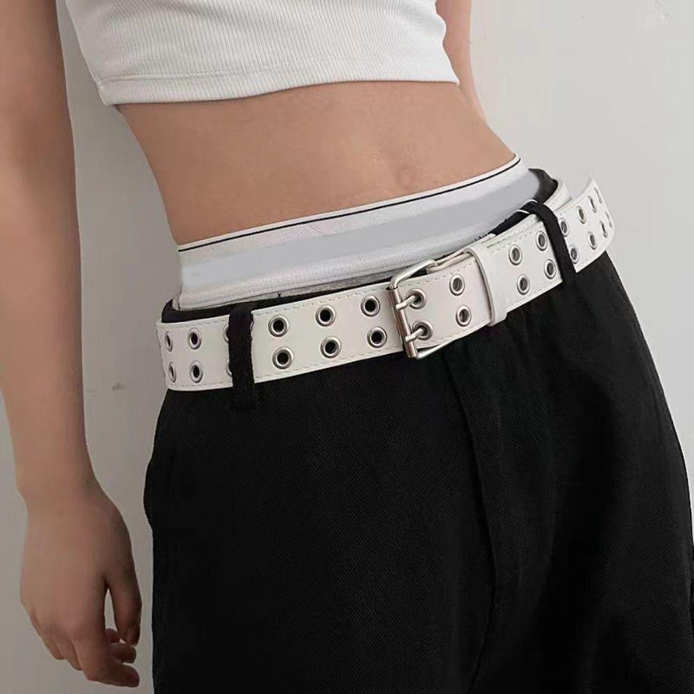 Punk Double Row Hole Belt Wide Side Hip-hop Waist Belt PU Leather Star Waistbands  Female/Girls
