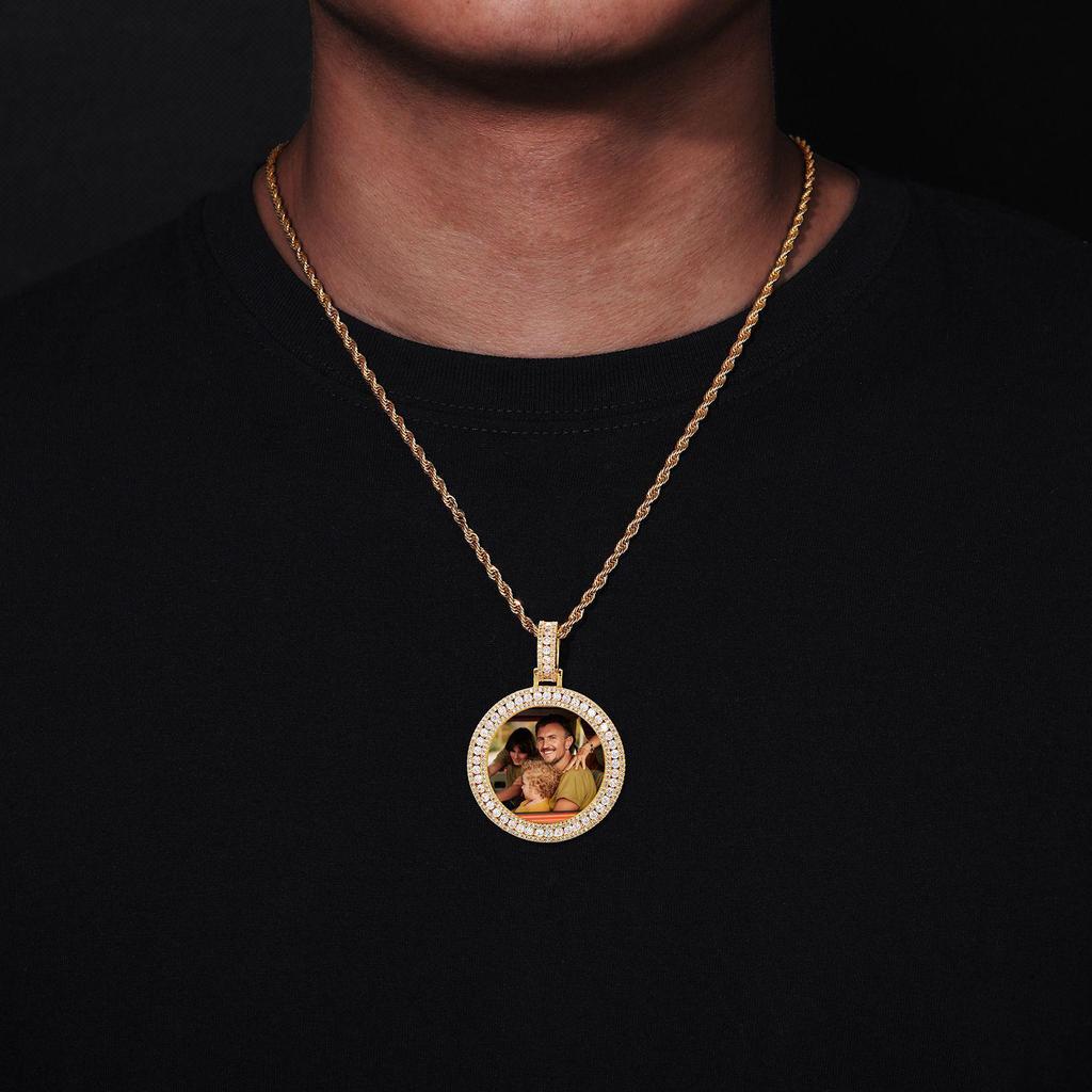 European Copper Zircon Round Hip Hop Photo Frame Pendant Necklace for Men